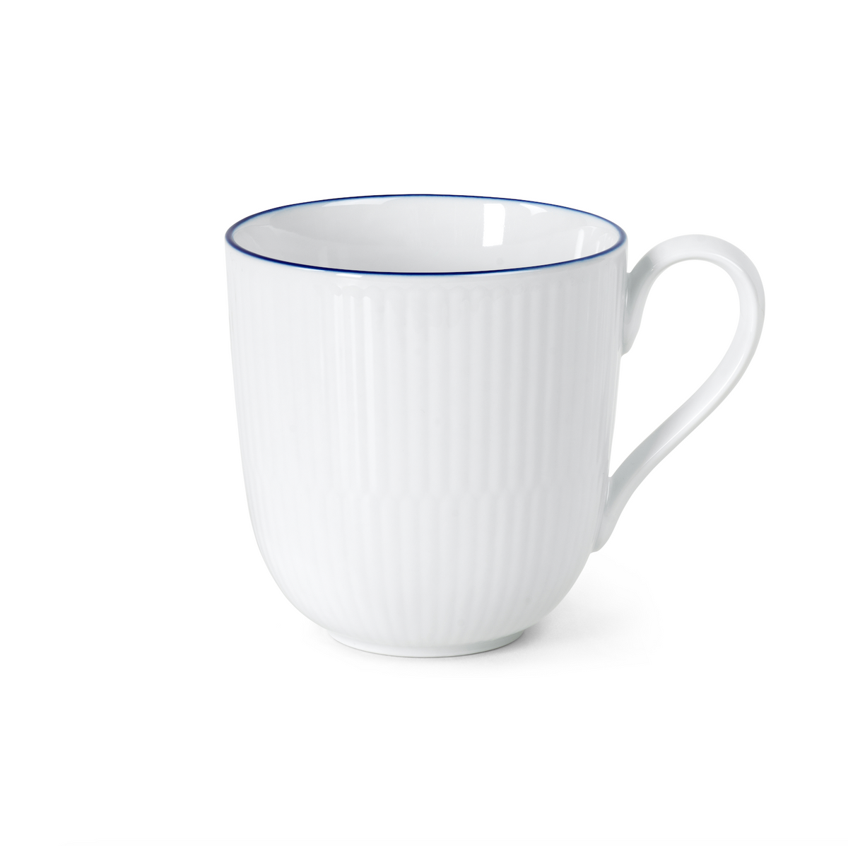 Front view of Blueline Cup 37cl 12.5 oz showcasing cobalt blue hand painted rim and fluted porcelain with white background