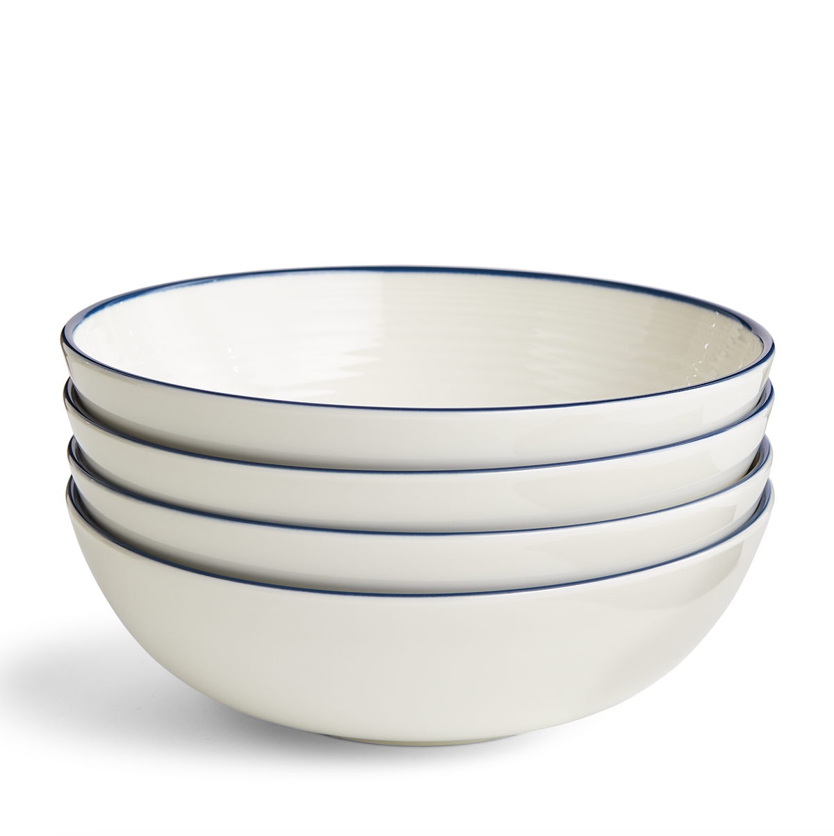 Front view of Gordon Ramsay Maze Denim Line cereal bowls showcasing white stoneware and blue rim trim with a white background