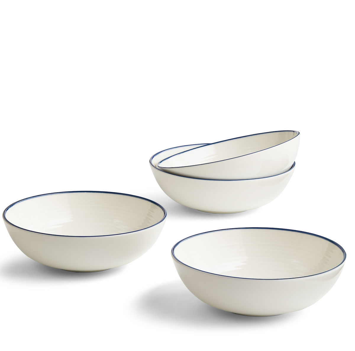 Front and angled views of Gordon Ramsay Maze cereal bowls, set of 4, showcasing white stoneware and blue trim on white background