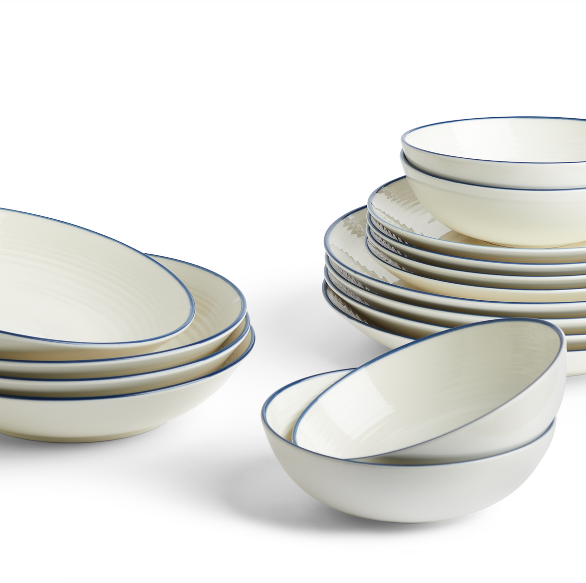 Close-up view of Gordon Ramsay Maze Denim Line 16 Piece Set showcasing white stoneware with blue trim on white background