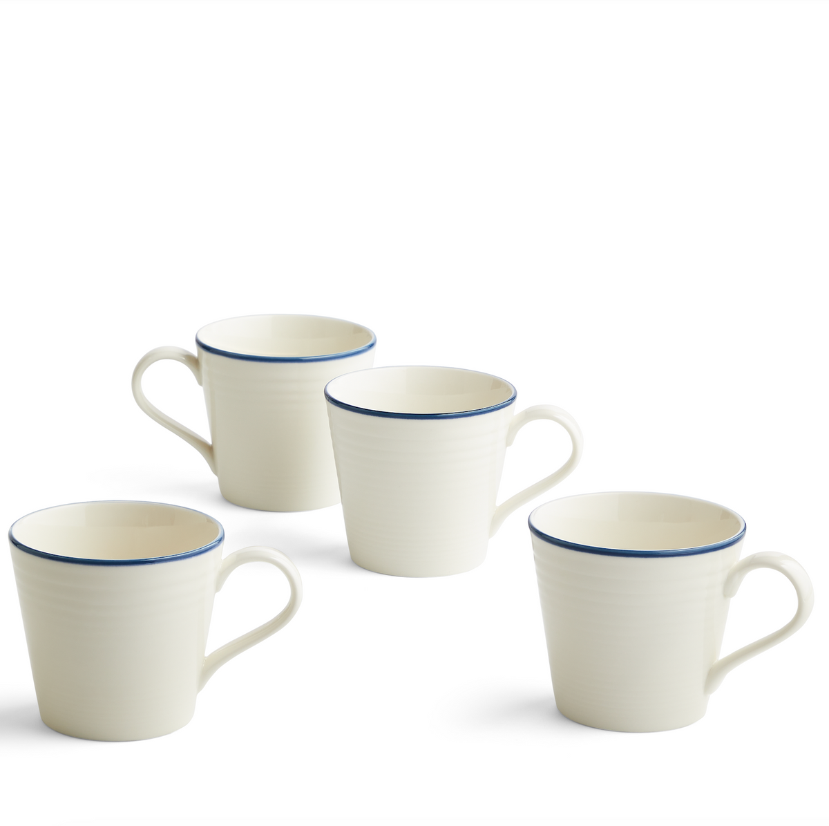 Front view of Gordon Ramsay Maze Denim mugs showcasing four white stoneware mugs with blue rim lines on a white background