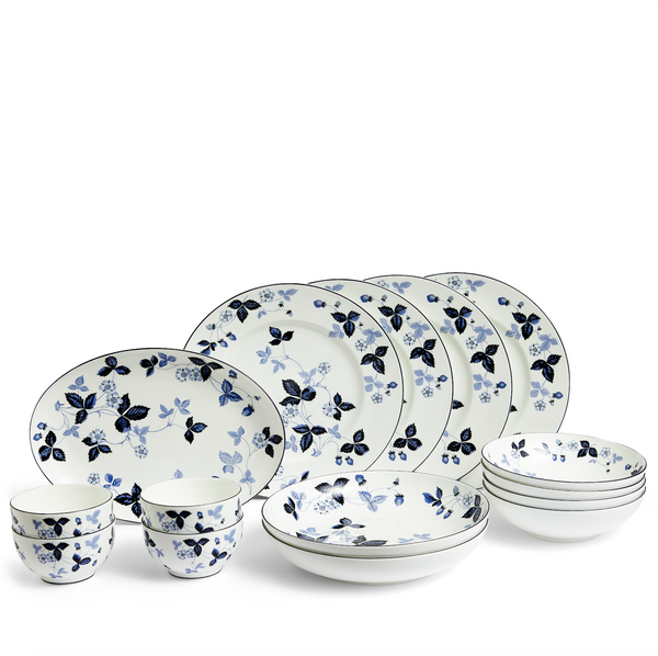 Wild Strawberry Inky Blue Dinnerware, Set of 15 | Over The Moon