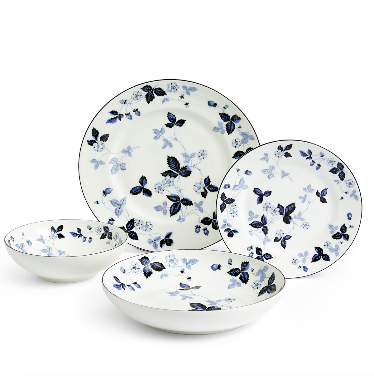 Front view of Wild Strawberry Inky Blue dinnerware set of 4 showing blue strawberry vine pattern on white background