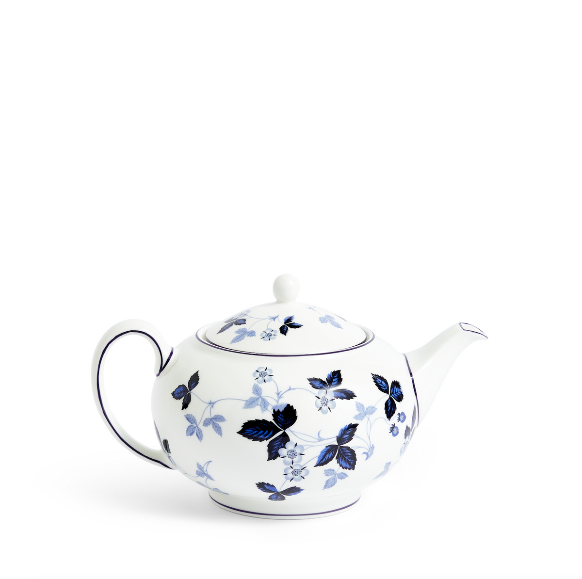 Front view of Wild Strawberry Inky Blue Teapot showcasing hand-sketched vines and strawberries with a white background
