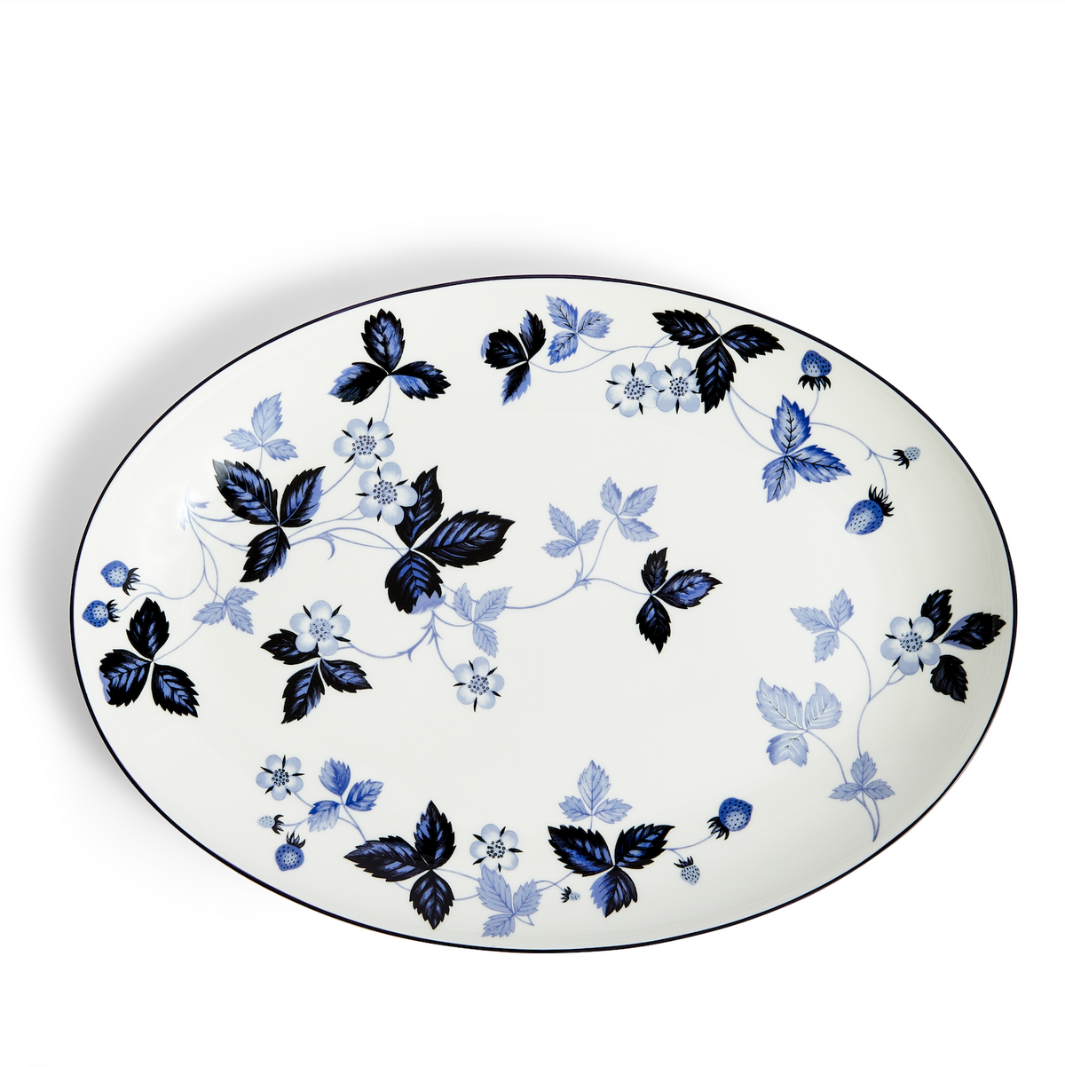 Front view of Wild Strawberry Inky Blue Oval Serving Plate showcasing inky blue strawberry pattern on white fine bone china