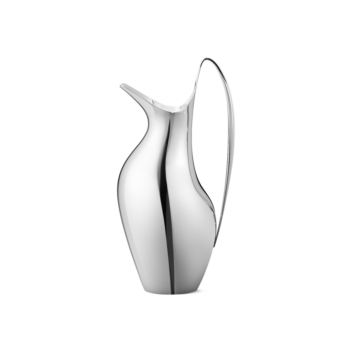 Front view of Henning Koppel Mini pitcher in polished stainless steel with curved silhouette and loop handle