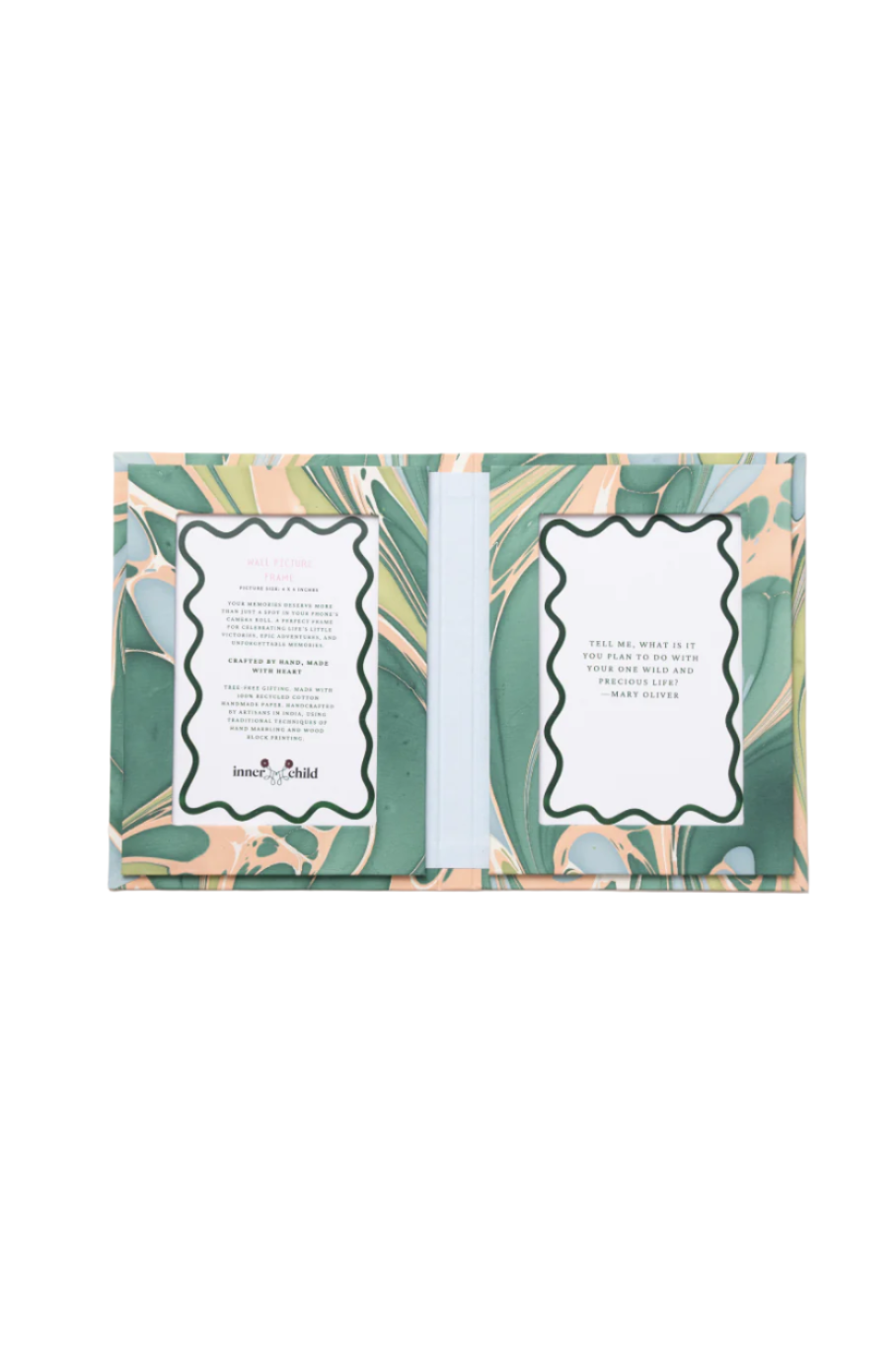 Hand Marbled Picture Frame Folding Book, 4x6 in Green and Pink