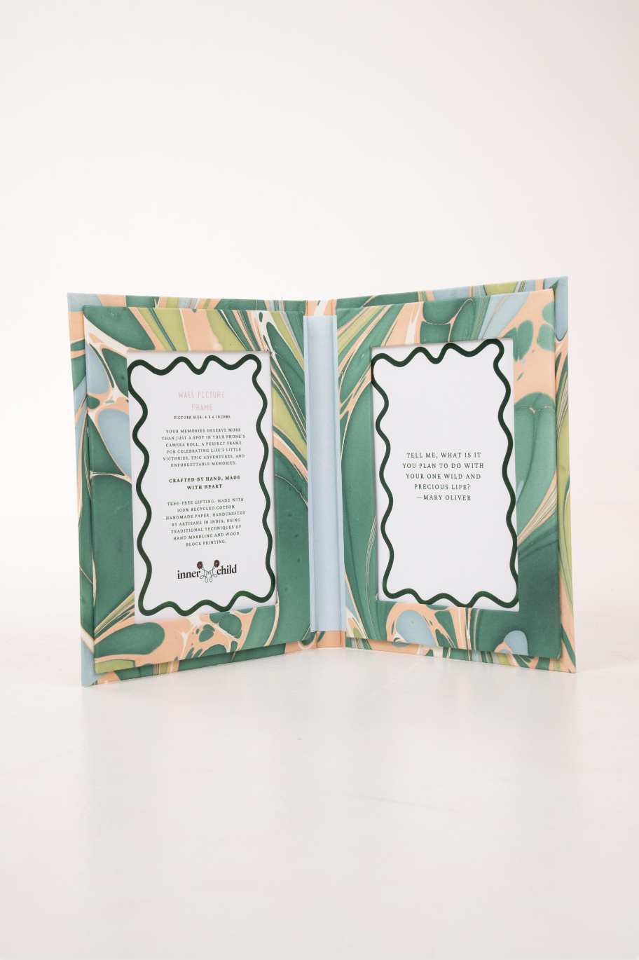 Hand Marbled Picture Frame Folding Book, 4x6 in Green and Pink