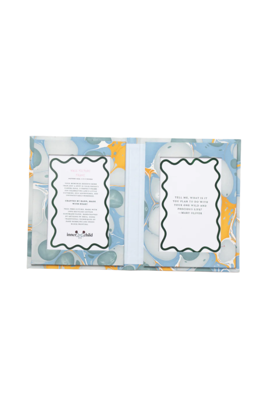 Hand Marbled Picture Frame Folding Book, 4x6 in Grey and Blue