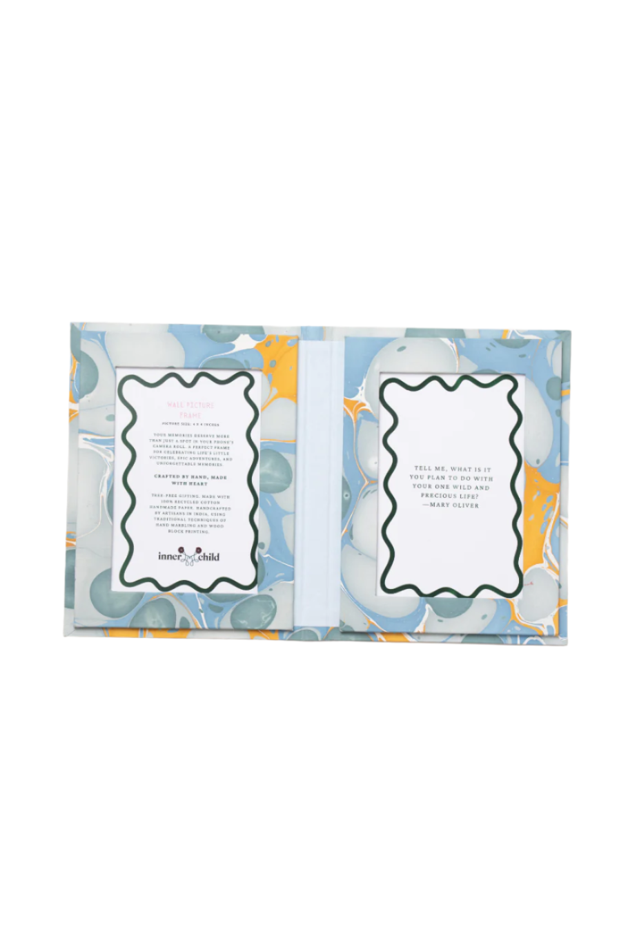 Hand Marbled Picture Frame Folding Book in Grey and Blue