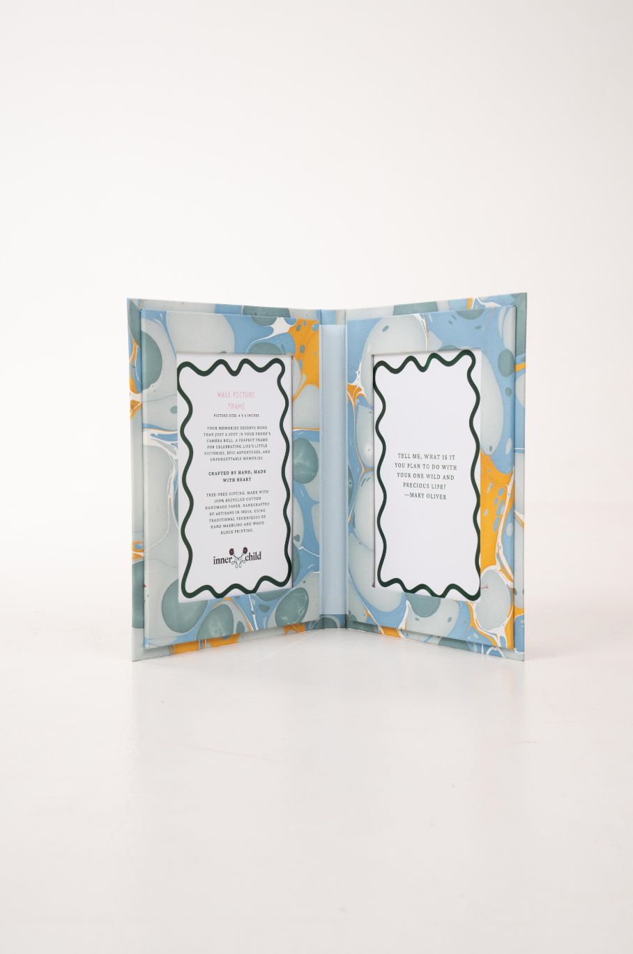 Hand Marbled Picture Frame Folding Book, 4x6 in Grey and Blue