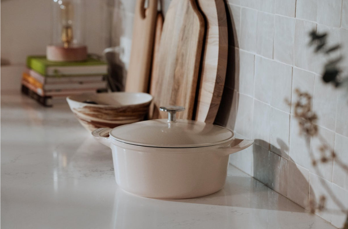 Oval Enameled Cast Iron Dutch Oven in Antique White