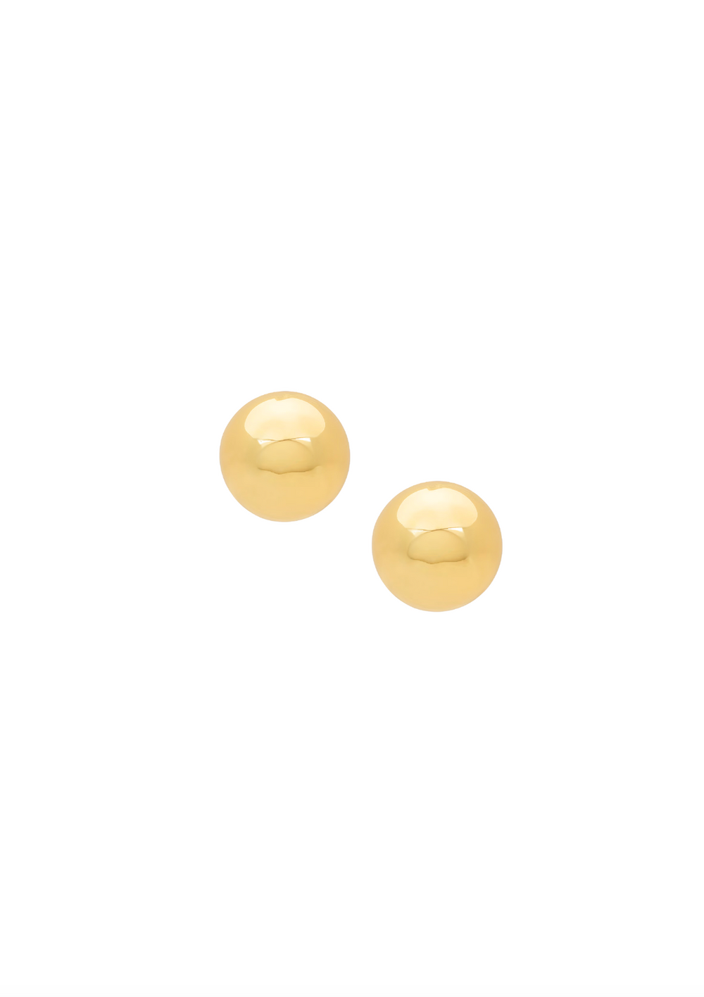 Front view of The Cecilia gold-plated round stud earrings showcasing polished spherical studs on white background