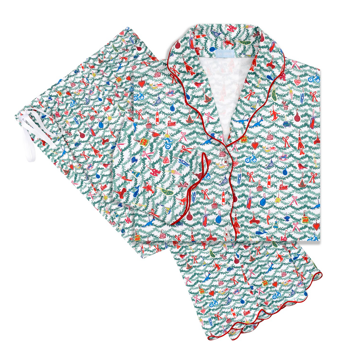 Top down view of Oh Christmas Tree women’s button front long pajama set showcasing holiday print on white background