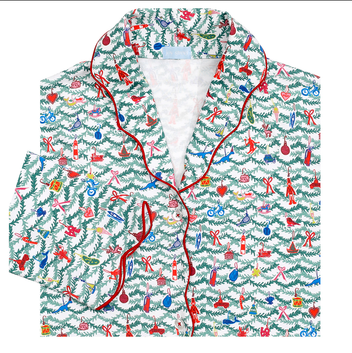 Front view of Oh Christmas Tree womens button front pajama set showcasing evergreen and ornament print on white background