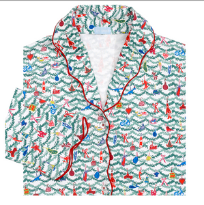 Front view of Oh Christmas Tree womens button front pajama set showcasing evergreen and ornament print on white background