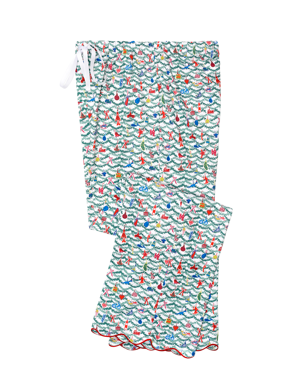 Front view of Oh Christmas Tree women’s pajama pants showcasing a hand-drawn holiday print on a white background
