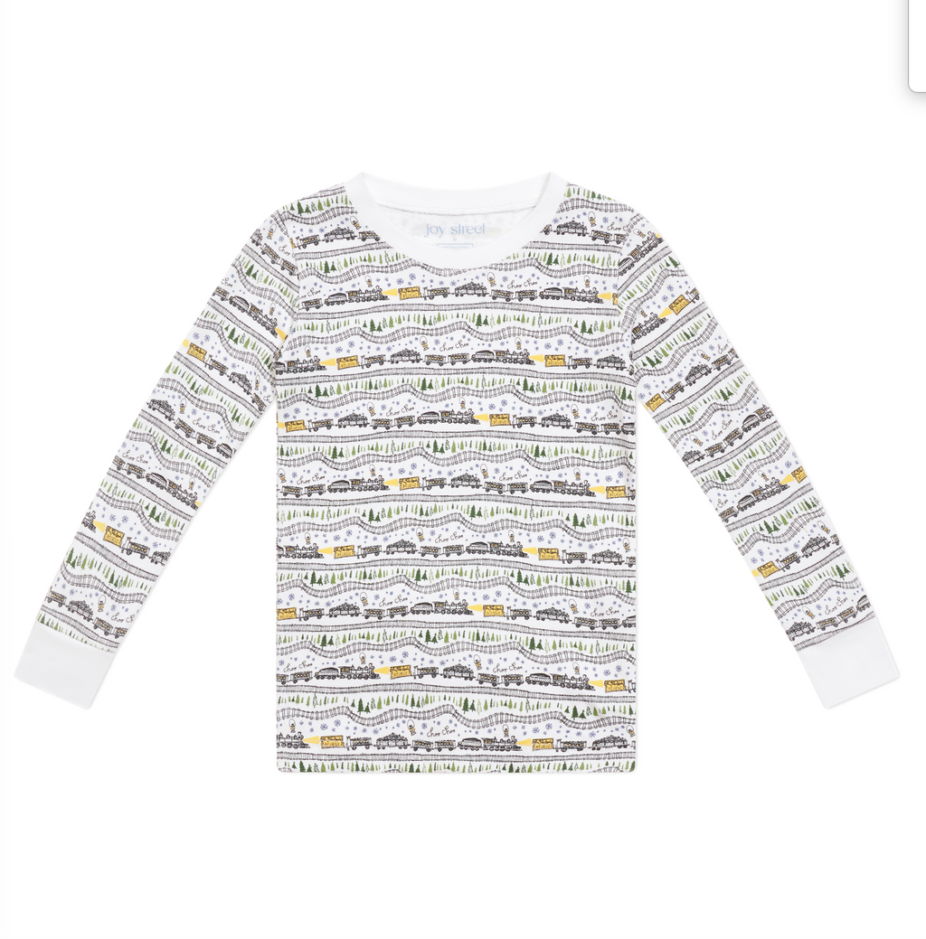 Front view of Christmas Trains kids pajama top showcasing hand-drawn trains and snowy evergreen print with white background