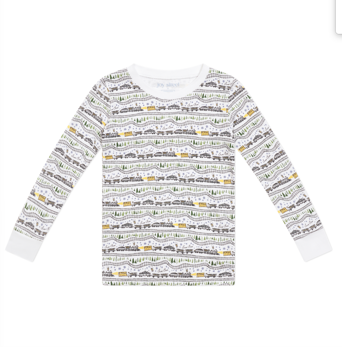 Front view of Christmas Trains kids pajama top showcasing hand-drawn trains and snowy evergreen print with white background