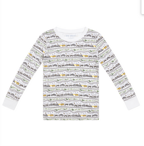 Front view of Christmas Trains kids pajama top showcasing hand-drawn trains and snowy evergreen print with white background