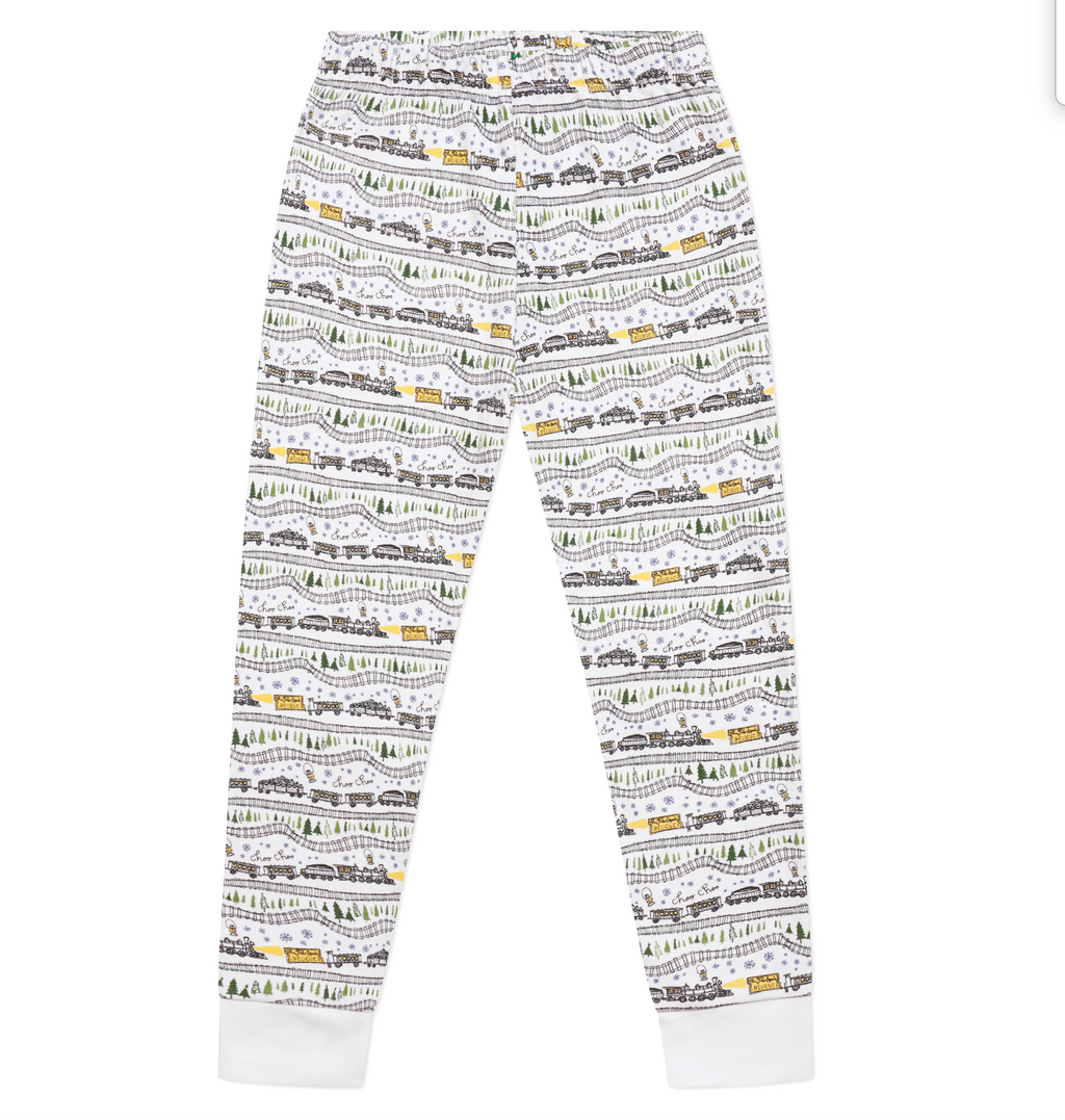 Front view of Christmas Trains kids pajama pants showcasing hand-drawn trains and snowy evergreens with a white background