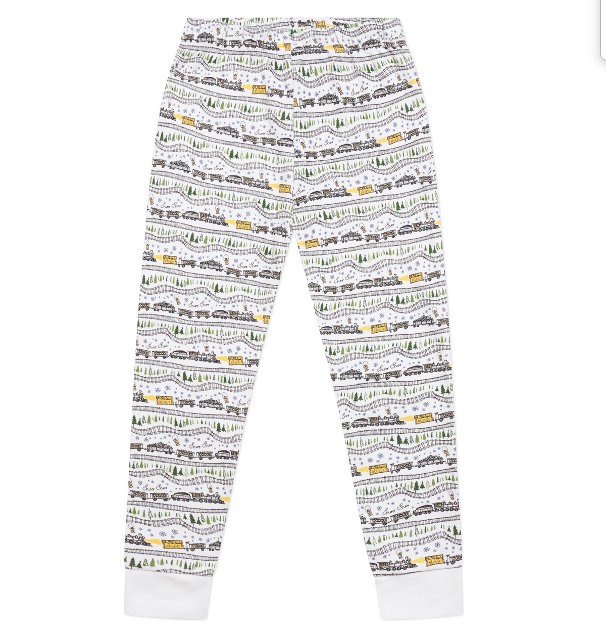 Front view of Christmas Trains kids pajama pants showcasing hand-drawn trains and snowy evergreens with a white background