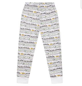 Front view of Christmas Trains kids pajama pants showcasing hand-drawn trains and snowy evergreens with a white background