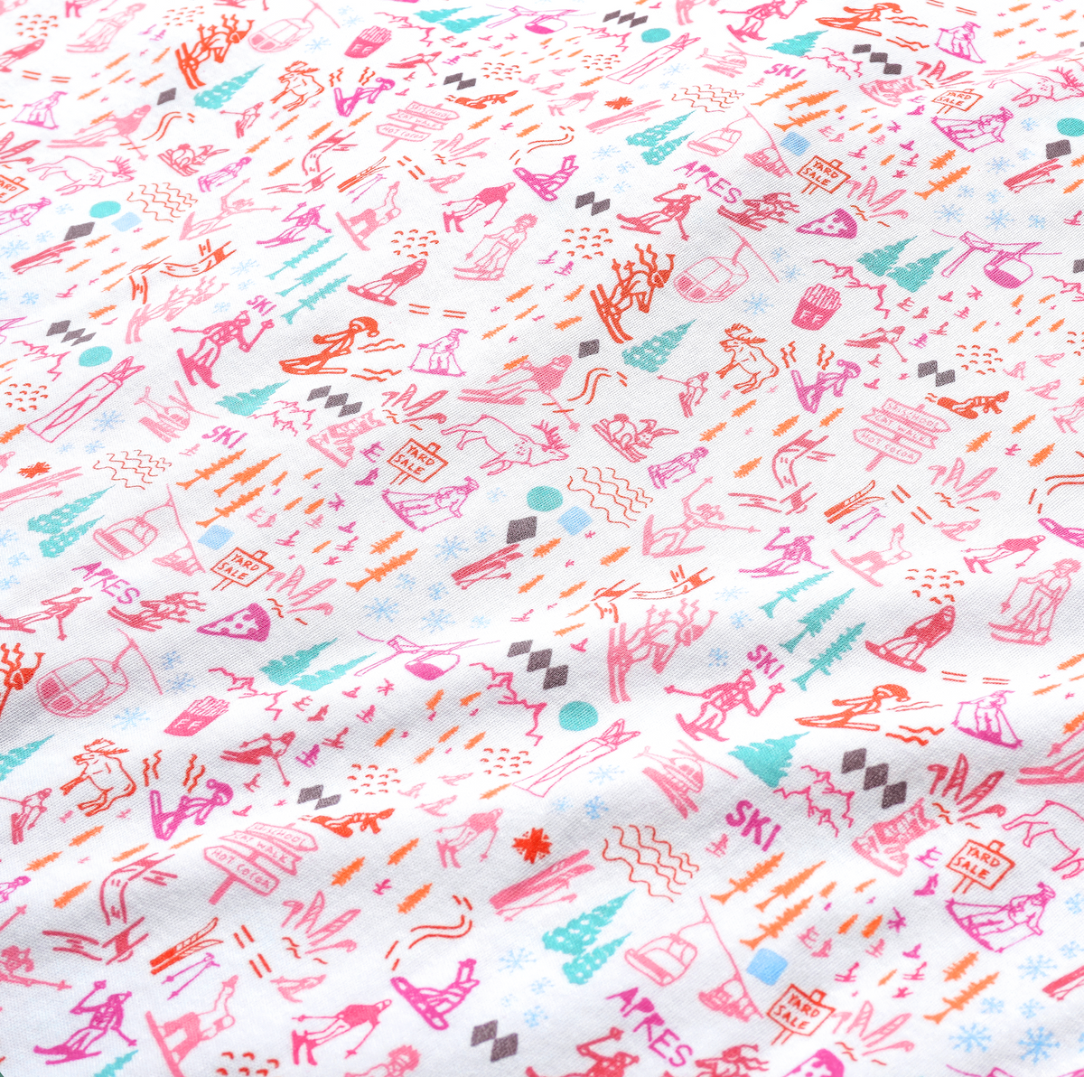 Close-up of Après Ski Zip Baby Onesie fabric showcasing a hand-drawn winter print on a white background