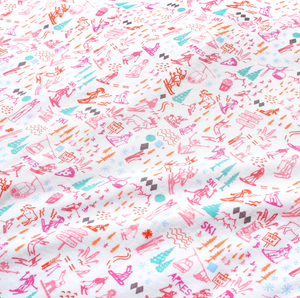 Close-up of Après Ski Zip Baby Onesie fabric showcasing a hand-drawn winter print on a white background