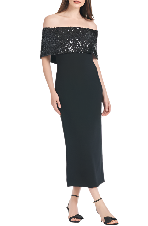 Front view of Naira dress in black showcasing off-the-shoulder sequin fold-over neckline and fitted midi silhouette on white