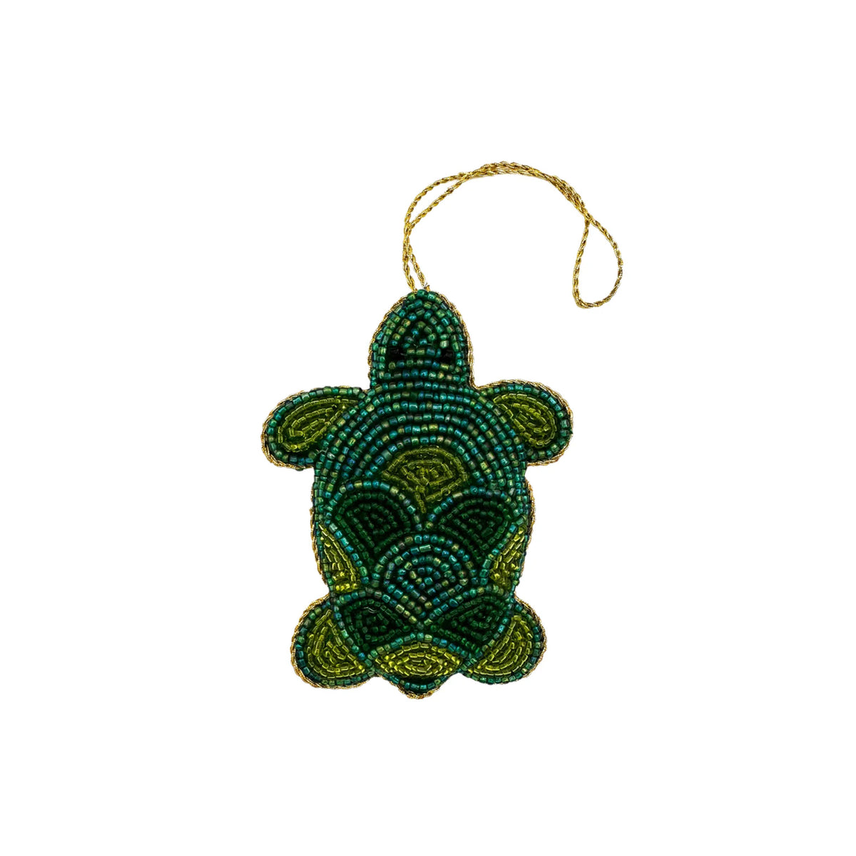 Top view of sea turtle ornament showing green and blue hand-beading, metallic thread trim, and gold hanging loop on white background