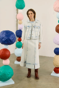 The Solene Jacket in Washed Blue Denim paired with matching Sedona Dress. 