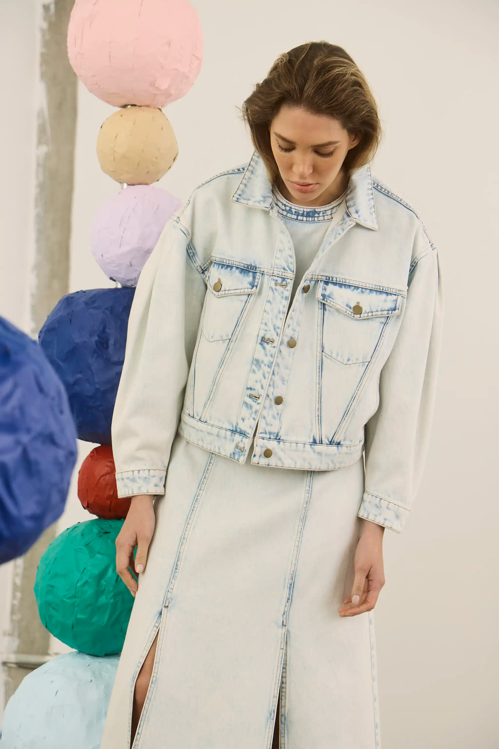 The Solene Jacket in Washed Blue Denim paired with matching Sedona Dress. 