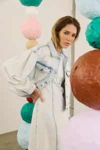 The Sedona Dress in Washed Blue Denim paired with the matching Solene Jacket. 
