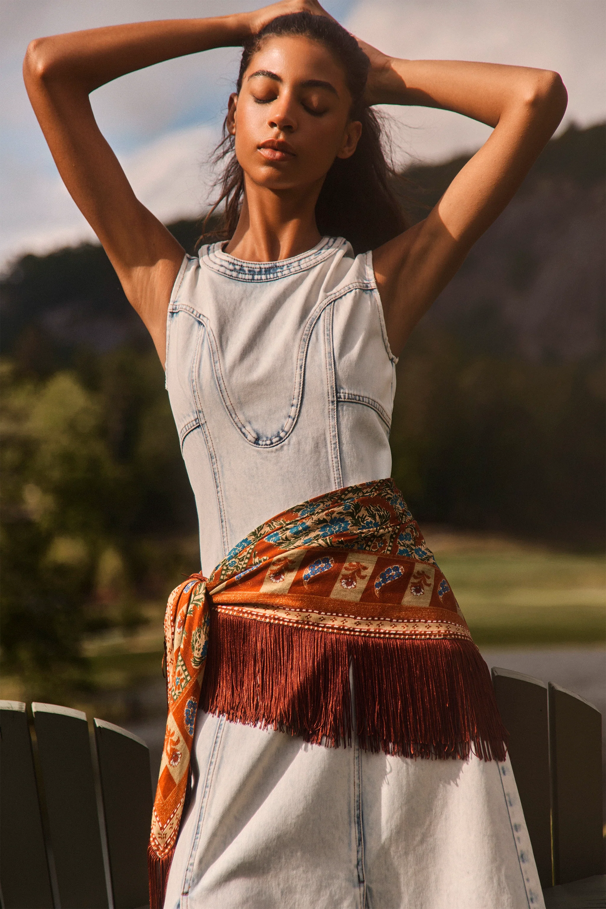 The Sedona Dress in Washed Blue Denim paired with the oversized scarf in Amber Glen Brown. 