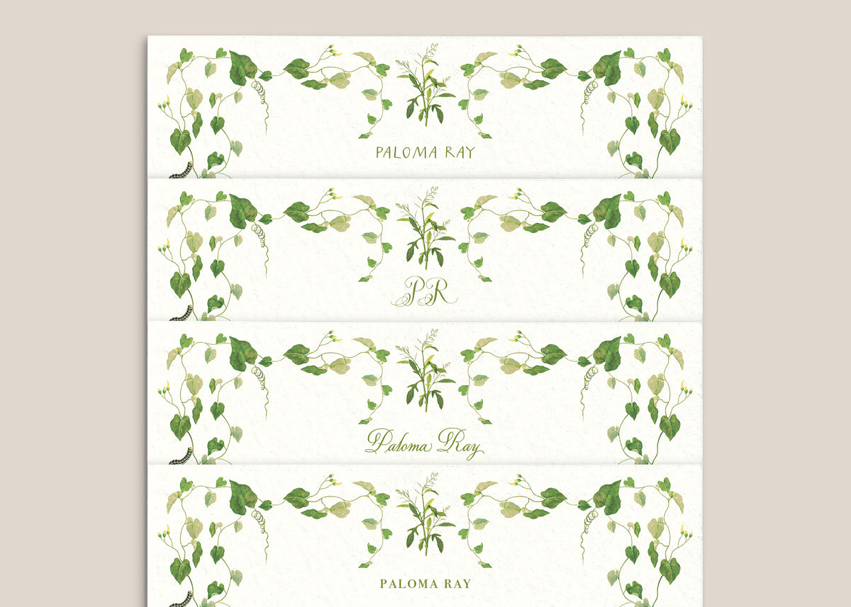 Flat lay of Selva stationery strips showing green watercolor vine borders and personalized names on textured cream paper