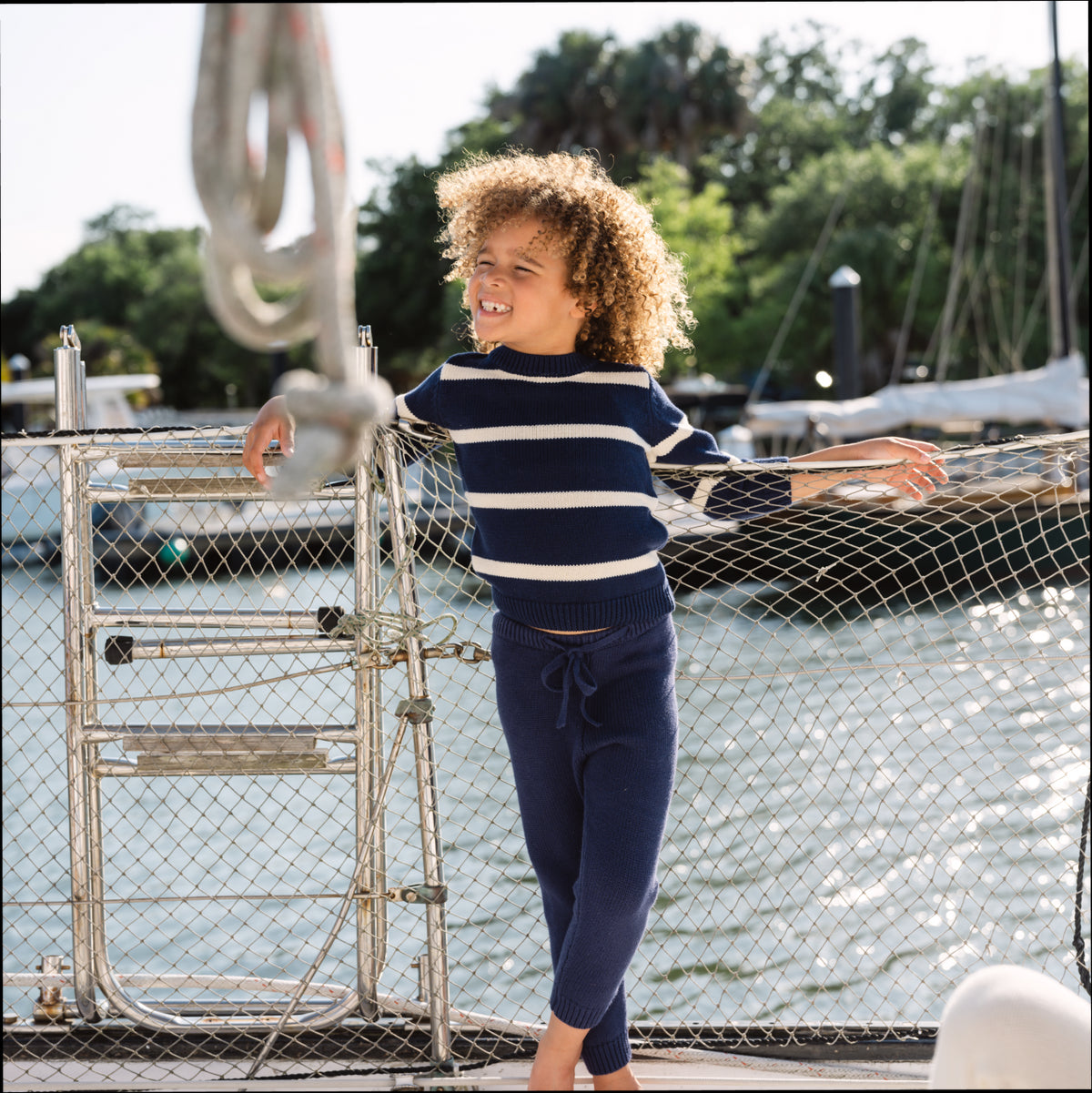 Unisex Navy And Cream Wide Stripe Knit Sweater