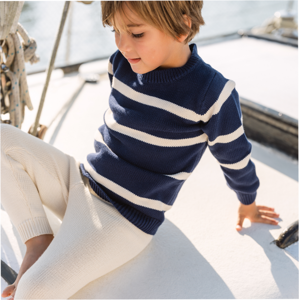 Unisex Navy And Cream Wide Stripe Knit Sweater