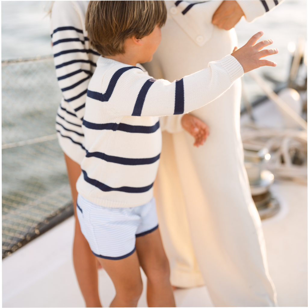Unisex Cream And Navy Wide Stripe Knit Sweater