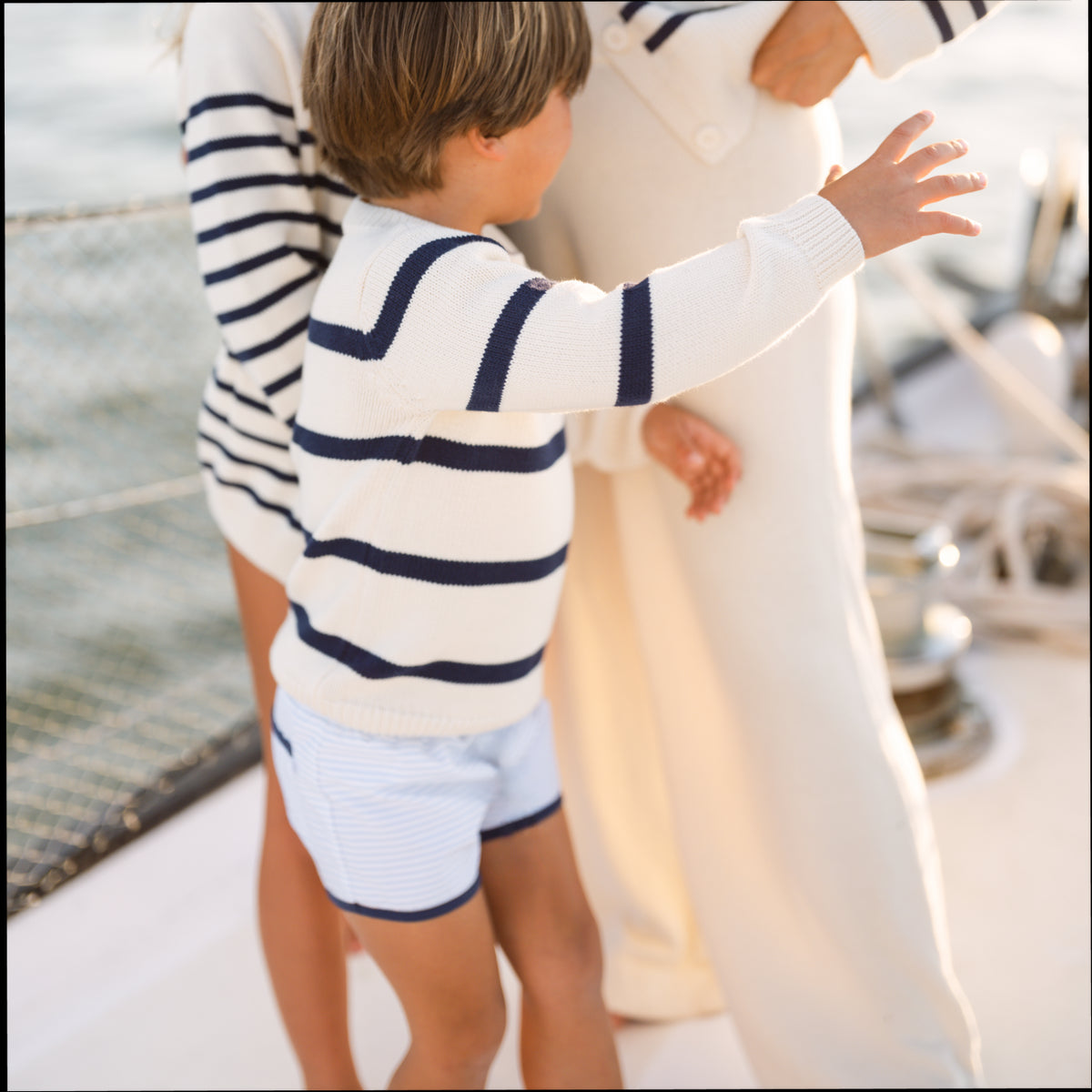 Unisex Cream And Navy Wide Stripe Knit Sweater