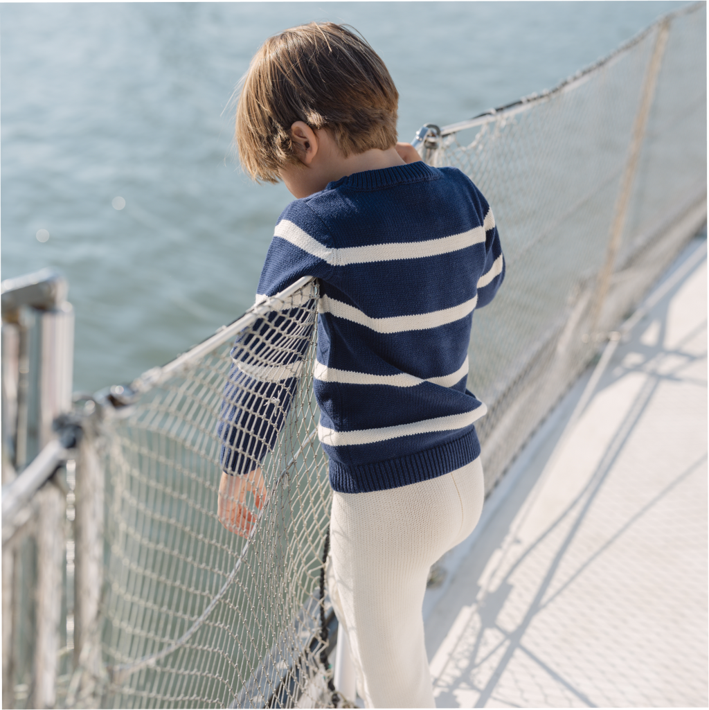 Unisex Navy And Cream Wide Stripe Knit Sweater