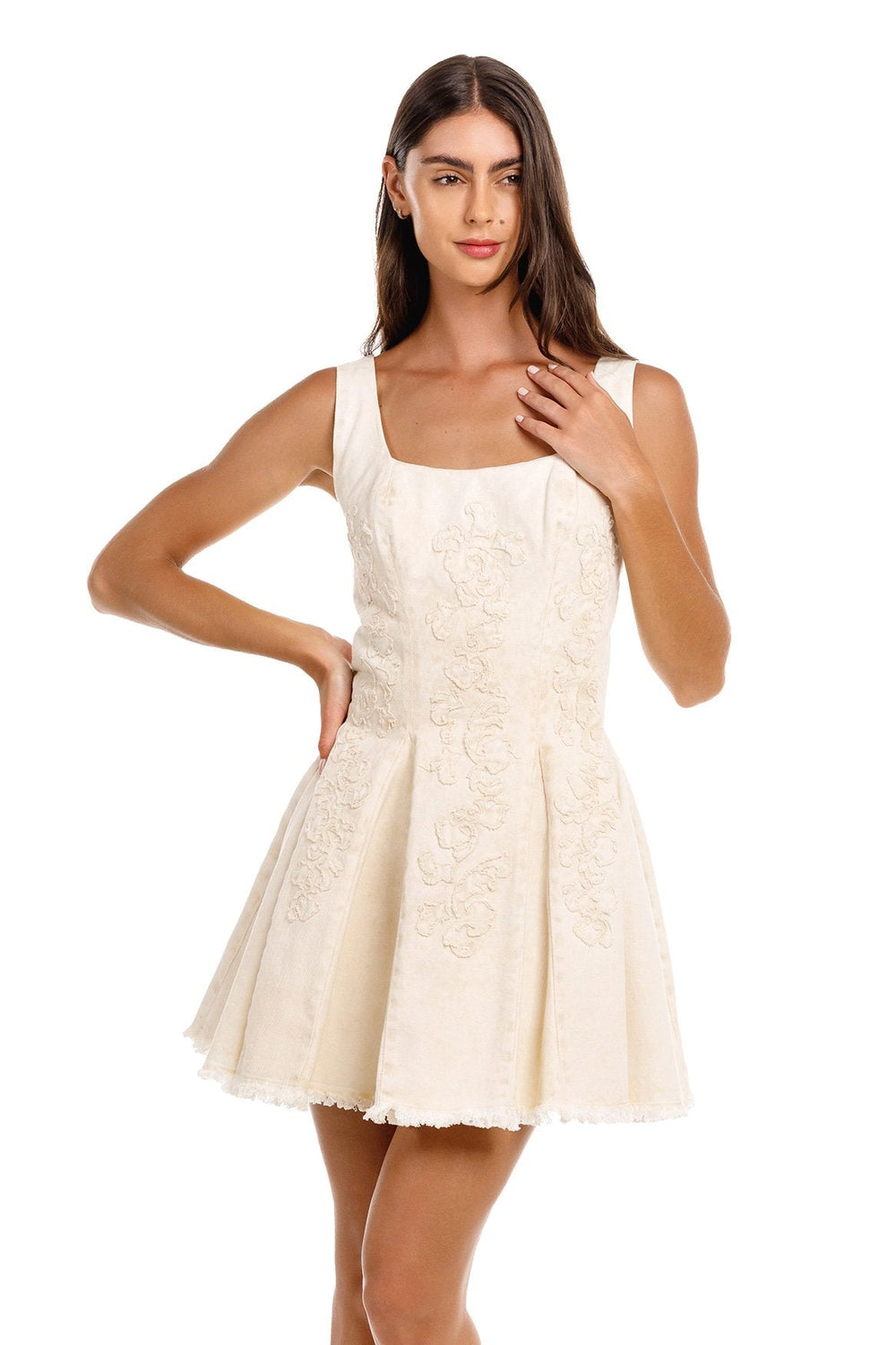 Front view of Kristen Dress in Sereia showcasing square neckline, fitted bodice, pleated mini skirt and frayed hem against white