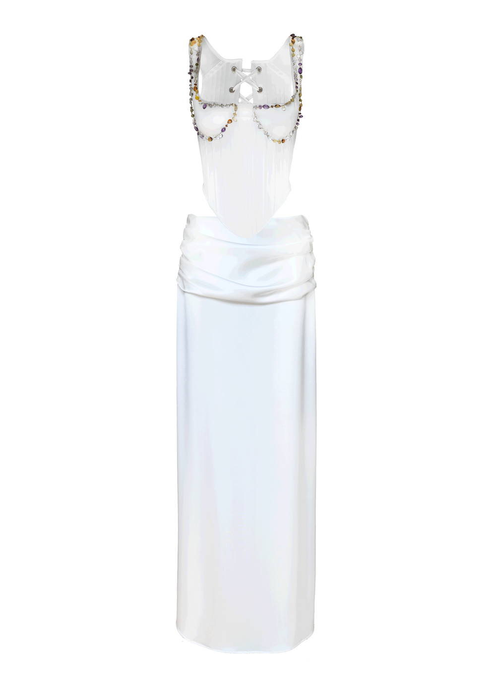 Front view of Elizabethan Wave Set showing white lace up corset with beaded chains and draped satin skirt on white