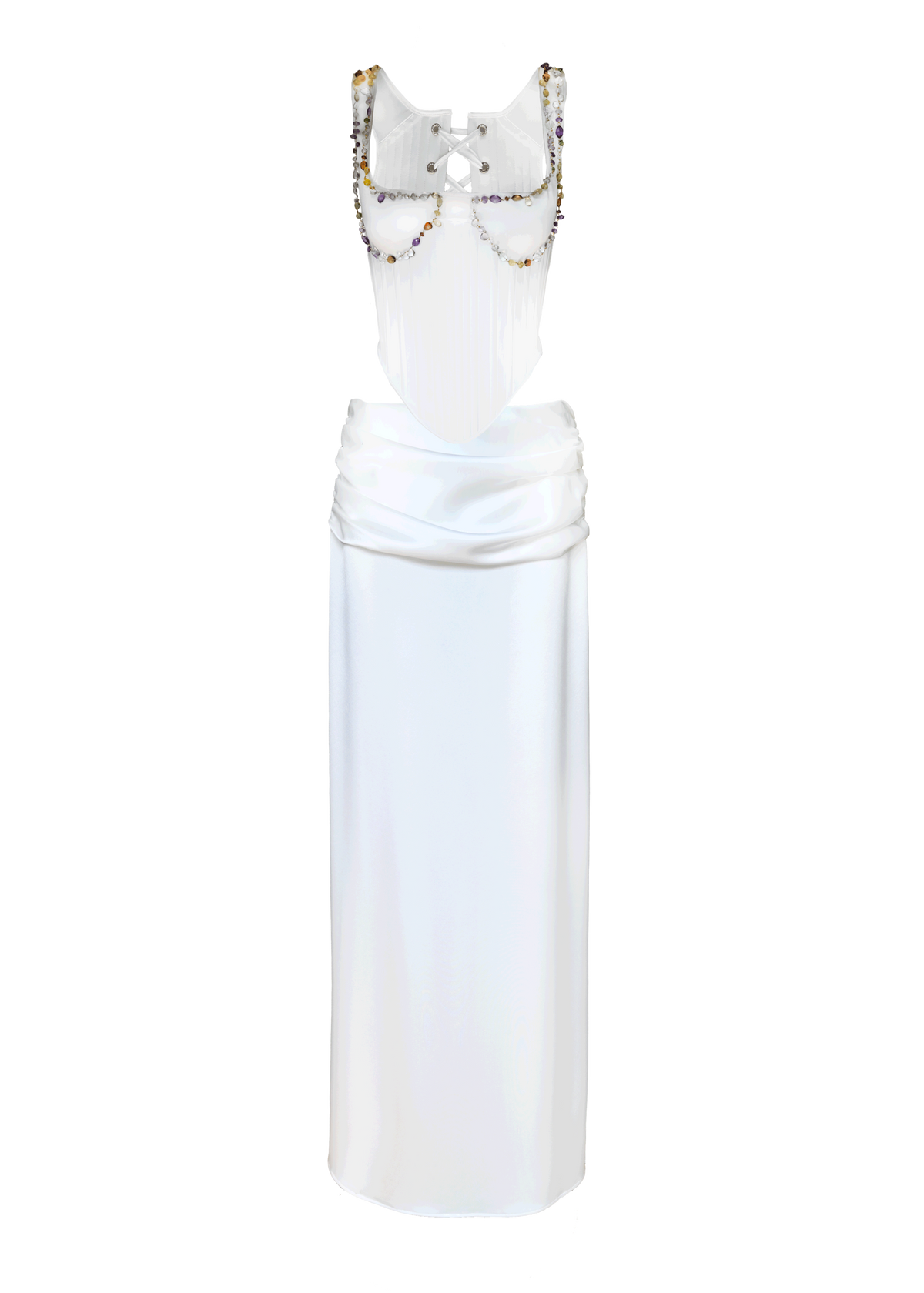 Front view of Elizabethan Wave Set showing white lace up corset with beaded chains and draped satin skirt on white
