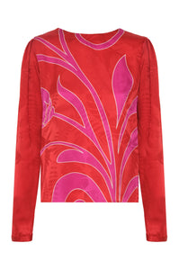 Sevilla Silk Jacquard Blouse in Red & Fuchsia Maxi Buganvilia