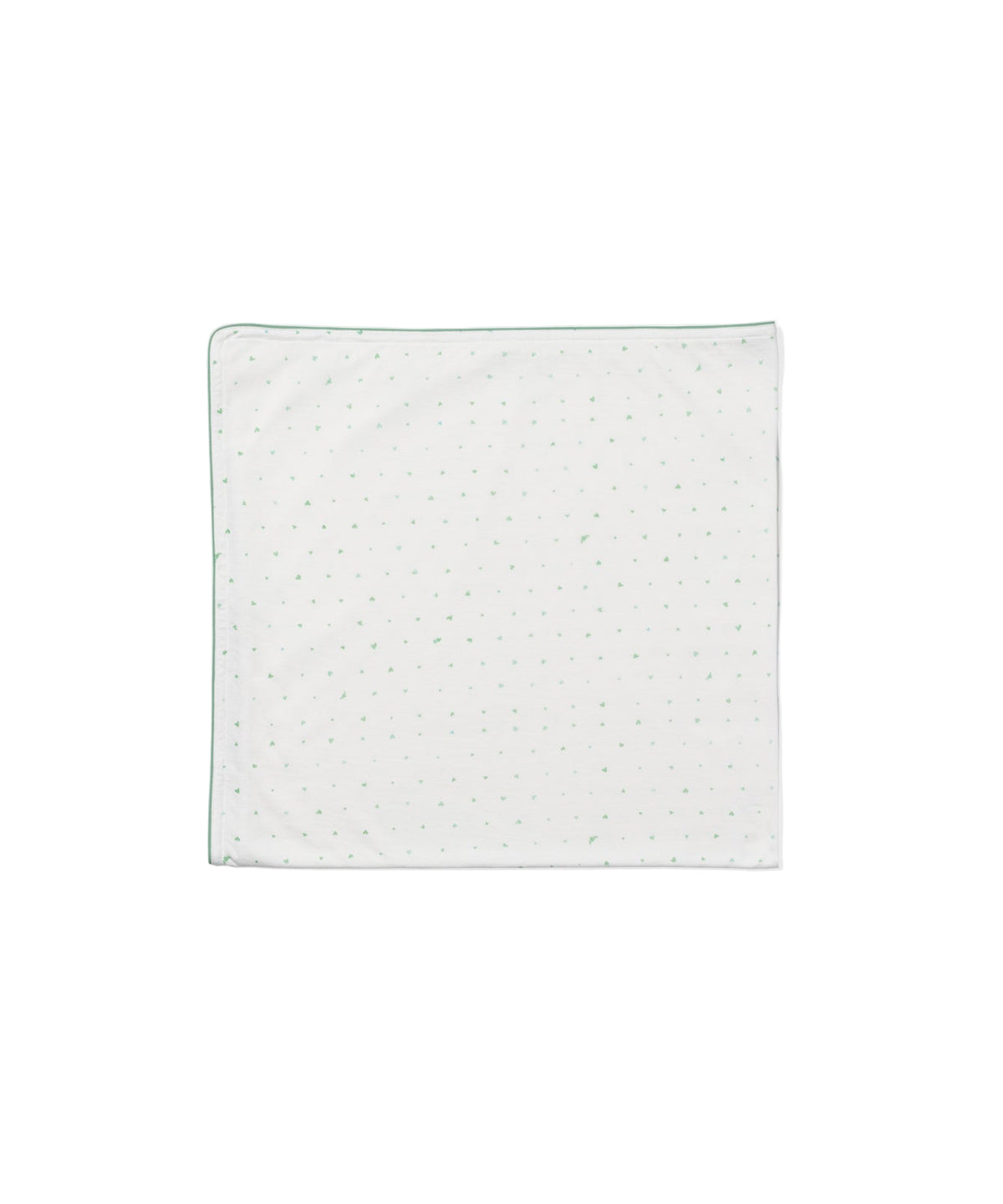 Front view of Shane Blanket in Seafoam Hearts showcasing hand-painted seafoam Hearts print and contrast piping on a white background