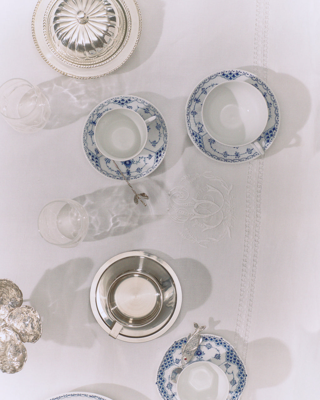 Blue Fluted Half Lace Tea Cup & Saucer 6.75Oz