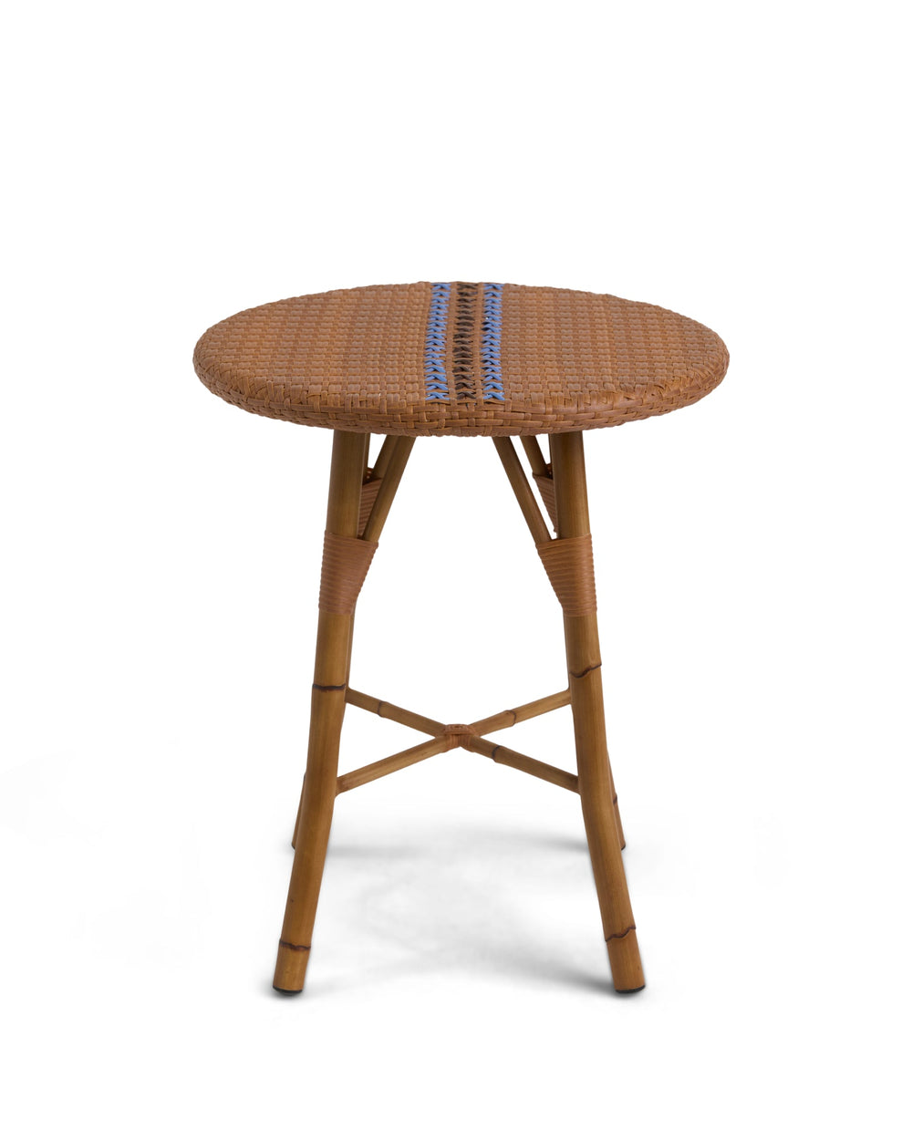 Front view of Juliette side table with woven hickory-brown top, blue stripe, and bamboo-style legs on white background