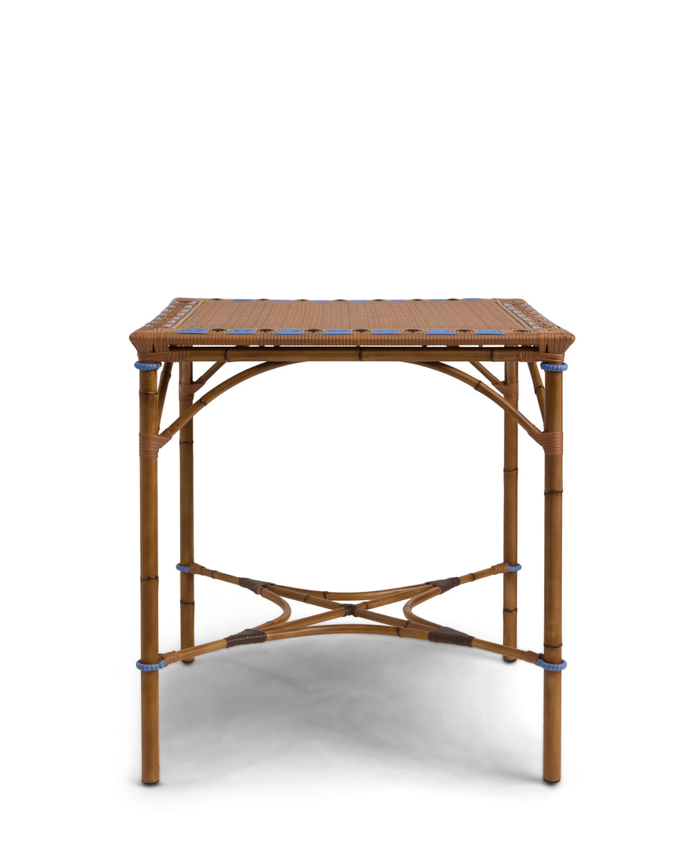 Front view of Juliette dining table showing handwoven hickory brown synthetic rattan top and bamboo look frame with blue trim on white background