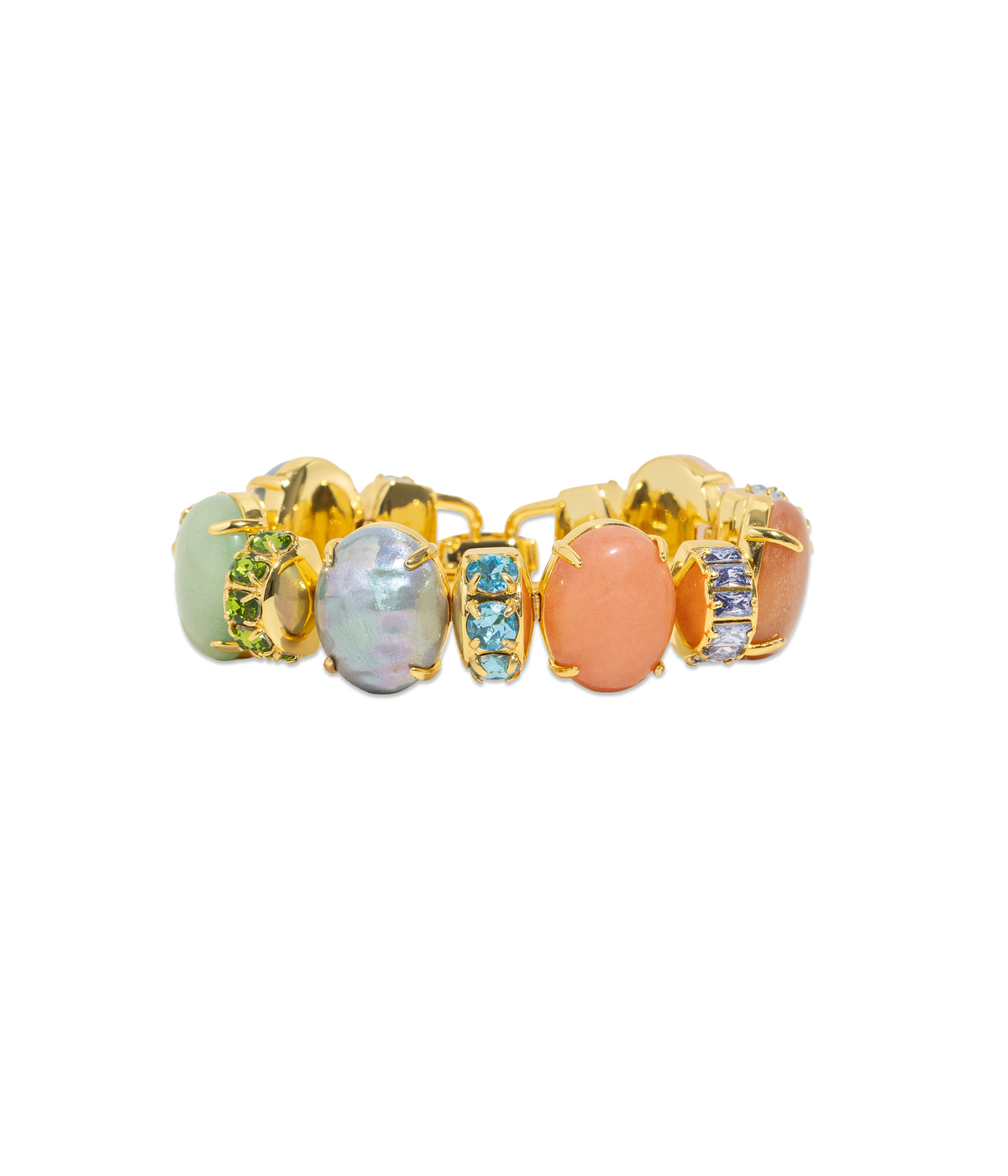Close up of Sheridan Bracelet with multicolor oval cabochons and faceted crystals in 18K gold on black background